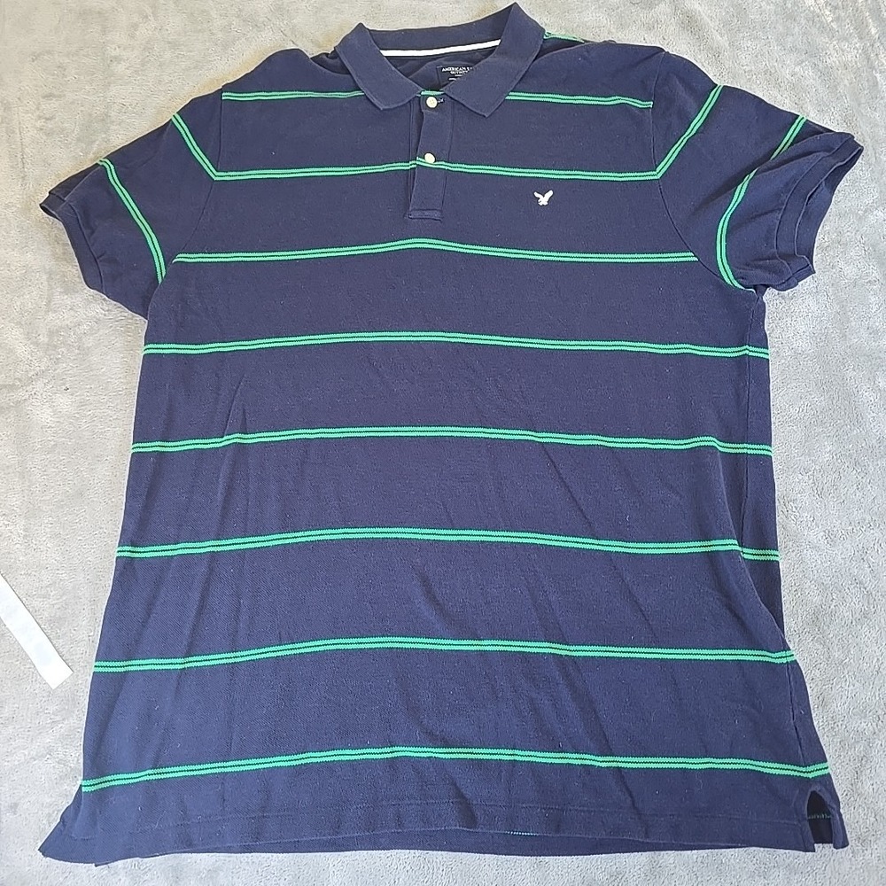 American Eagle Shirt Mens XXL Blue Green Stripe Eagle Polo Preppy College Casual